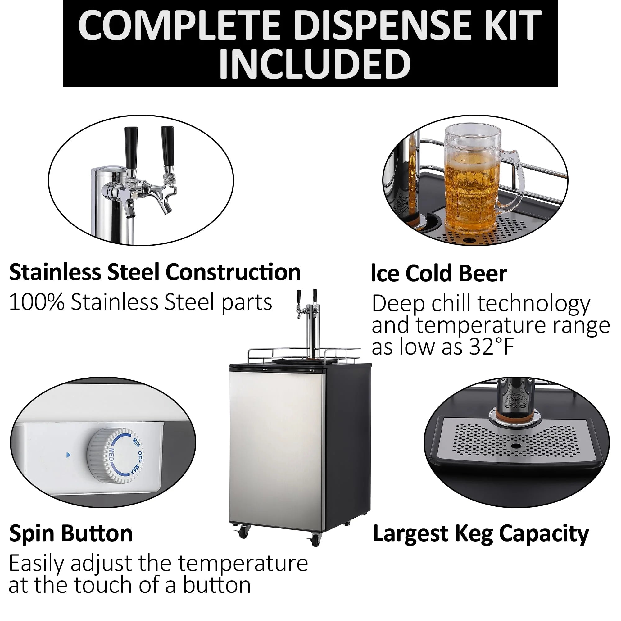 170L Dual-Tap Stainless Steel Kegerator with Drip Tray